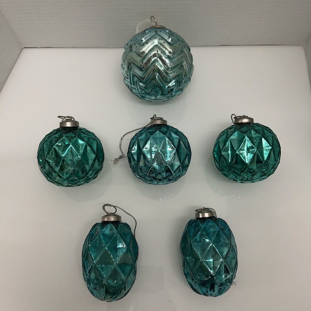 Faceted Blue-Green (Teal/Aqua) Mercury Glass "Vintage look" Ornaments - Lot of 6
